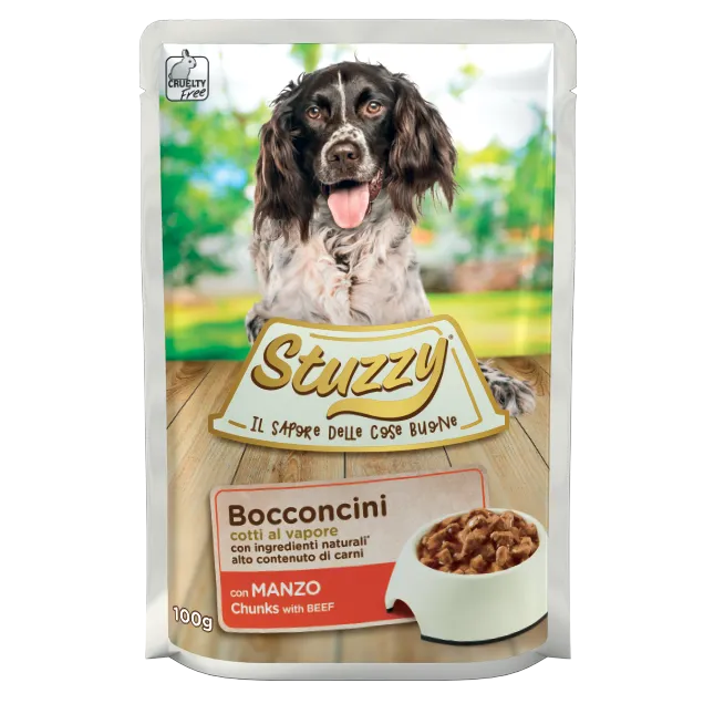 umido bocconcini cani adulti 100 g, Stuzzy Dog bocconcini 100g adulti, cibo umido completo cani adulti Stuzzy, bocconcini cani cotto al vapore Stuzzy, Stuzzy Dog bocconcini prosciutto/manzo/pesce 100g, alimentazione umida cani adulti ingredienti naturali, pasto umido cani adulti formato 100g