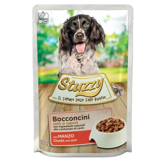 umido bocconcini cani adulti 100 g, Stuzzy Dog bocconcini 100g adulti, cibo umido completo cani adulti Stuzzy, bocconcini cani cotto al vapore Stuzzy, Stuzzy Dog bocconcini prosciutto/manzo/pesce 100g, alimentazione umida cani adulti ingredienti naturali, pasto umido cani adulti formato 100g
