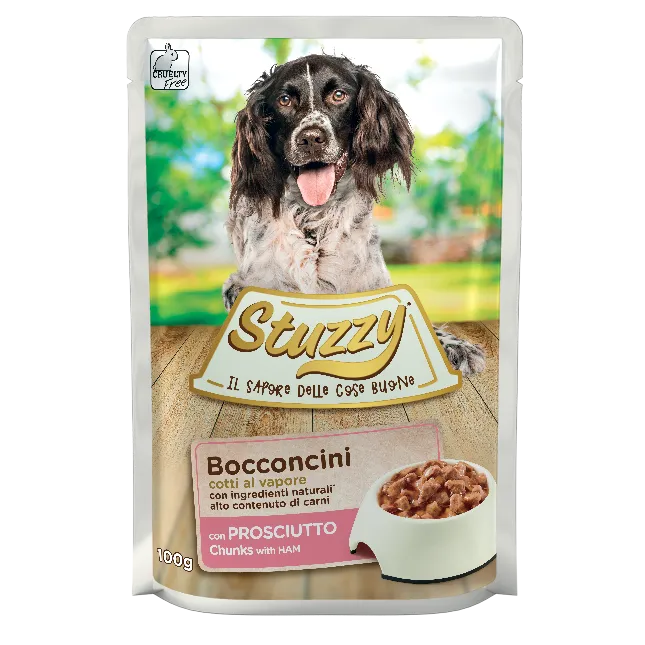 umido bocconcini cani adulti 100 g, Stuzzy Dog bocconcini 100g adulti, cibo umido completo cani adulti Stuzzy, bocconcini cani cotto al vapore Stuzzy, Stuzzy Dog bocconcini prosciutto/manzo/pesce 100g, alimentazione umida cani adulti ingredienti naturali, pasto umido cani adulti formato 100g