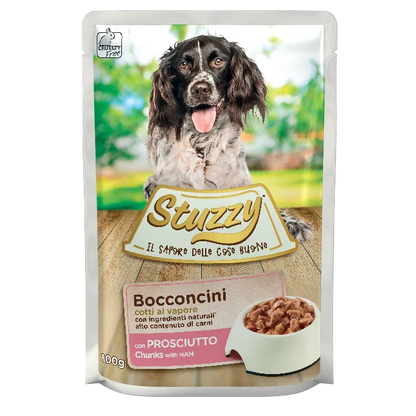 umido bocconcini cani adulti 100 g, Stuzzy Dog bocconcini 100g adulti, cibo umido completo cani adulti Stuzzy, bocconcini cani cotto al vapore Stuzzy, Stuzzy Dog bocconcini prosciutto/manzo/pesce 100g, alimentazione umida cani adulti ingredienti naturali, pasto umido cani adulti formato 100g