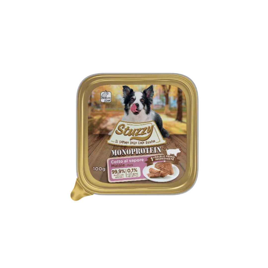 umido monoproteico cani adulti 100g, Stuzzy Monoprotein cane 100g, cibo umido cane una sola proteina animale, umido cotto al vapore cani adulti, alimentazione cane sensibile monoproteico, vaschetta umido cane adult Stuzzy 100g