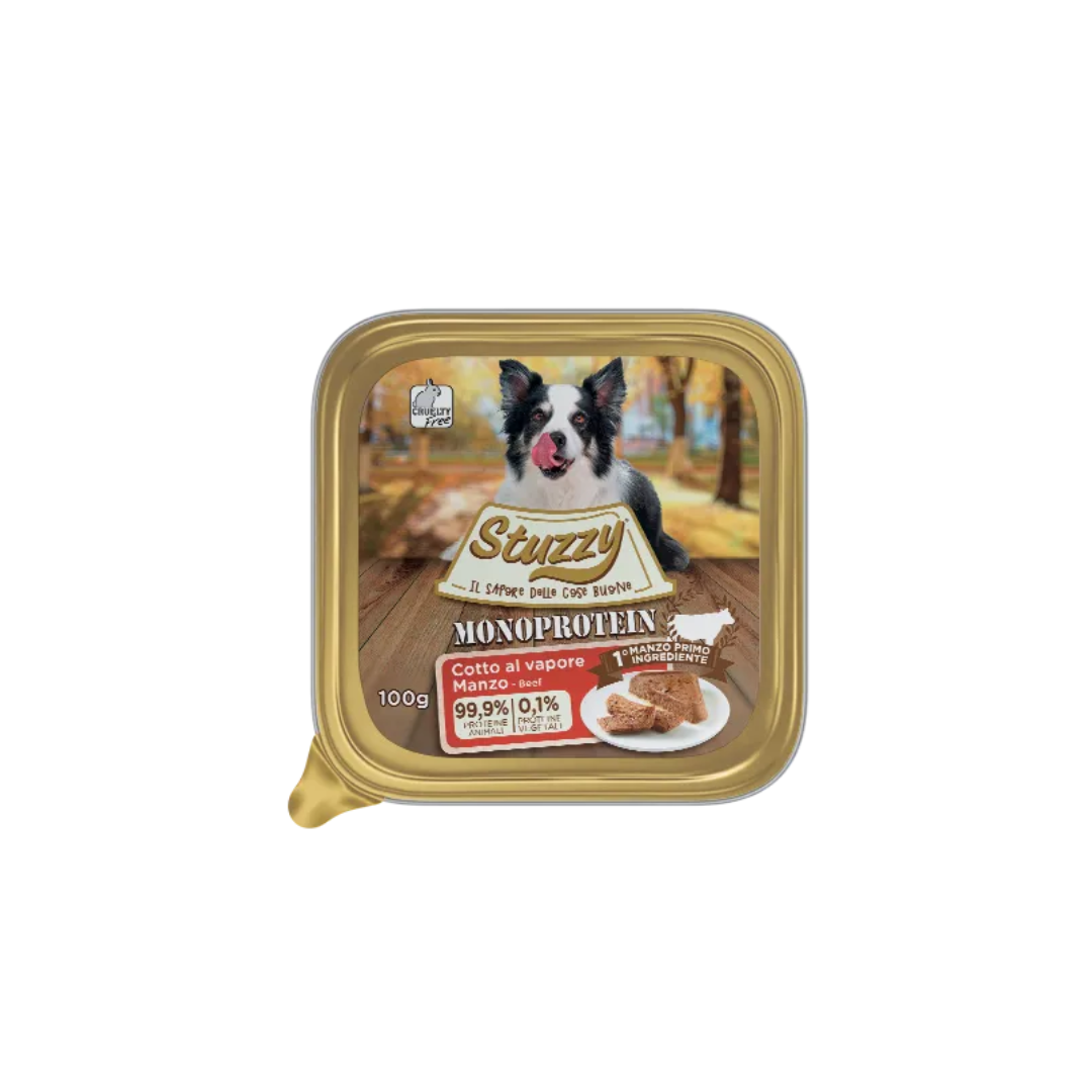 umido monoproteico cani adulti 100g, Stuzzy Monoprotein cane 100g, cibo umido cane una sola proteina animale, umido cotto al vapore cani adulti, alimentazione cane sensibile monoproteico, vaschetta umido cane adult Stuzzy 100g
