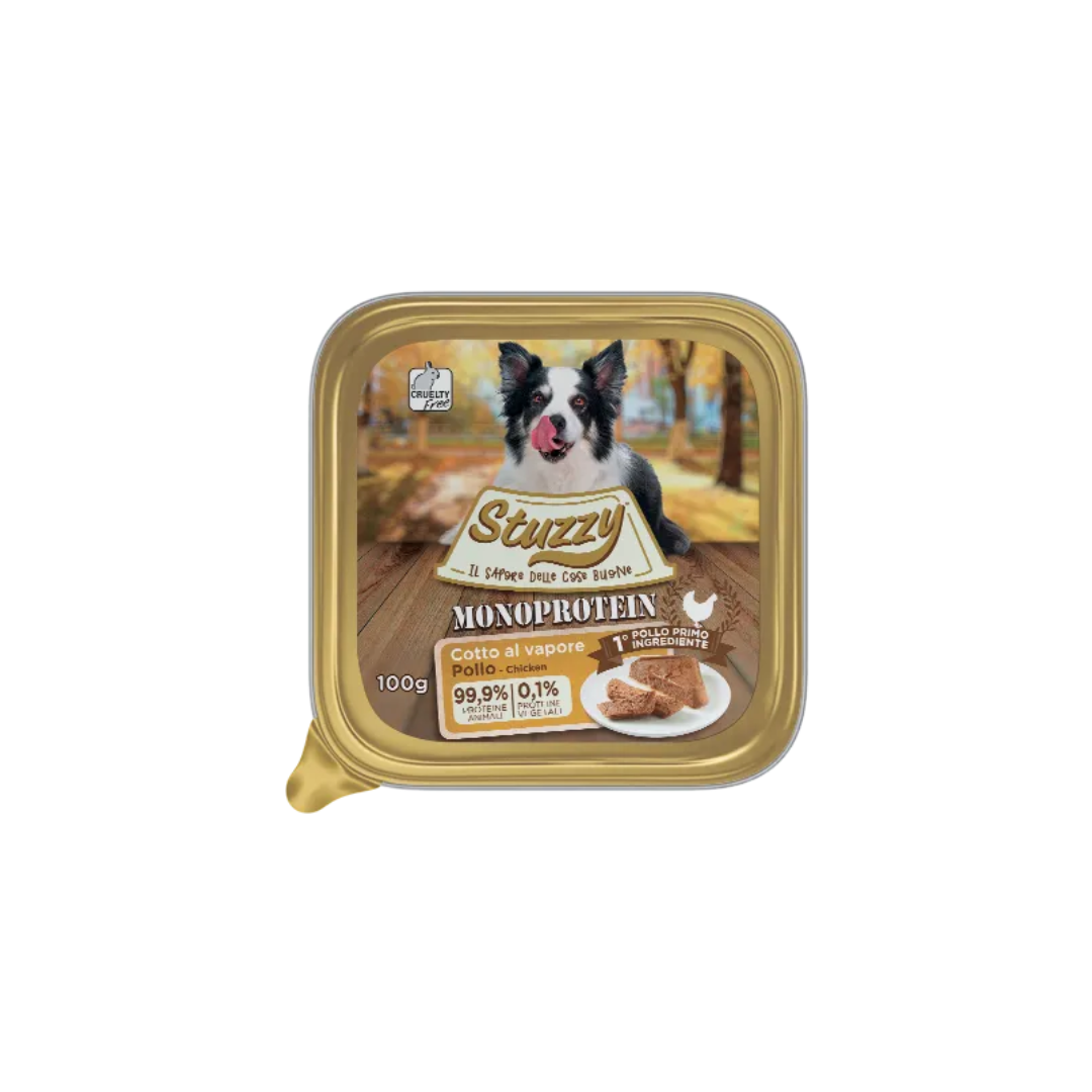umido monoproteico cani adulti 100g, Stuzzy Monoprotein cane 100g, cibo umido cane una sola proteina animale, umido cotto al vapore cani adulti, alimentazione cane sensibile monoproteico, vaschetta umido cane adult Stuzzy 100g