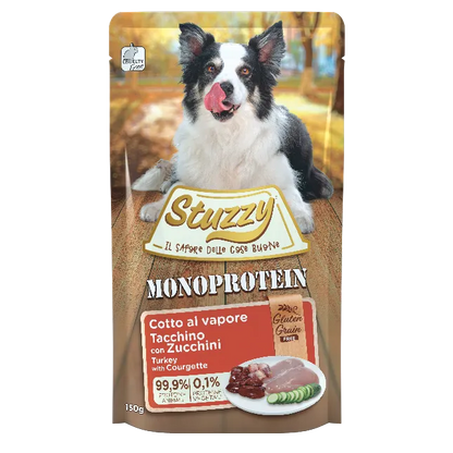 Stuzzy Dog Monoprotein 150g, umido monoproteico cani adulti 150 g, cibo umido cane cotto al vapore Stuzzy, alimentazione semplice cane fonte unica proteica, umido cane adulto senza cereali 150g, busta umido cane adulto Stuzzy monoprotein, alimento completo cane monoproteico vapore