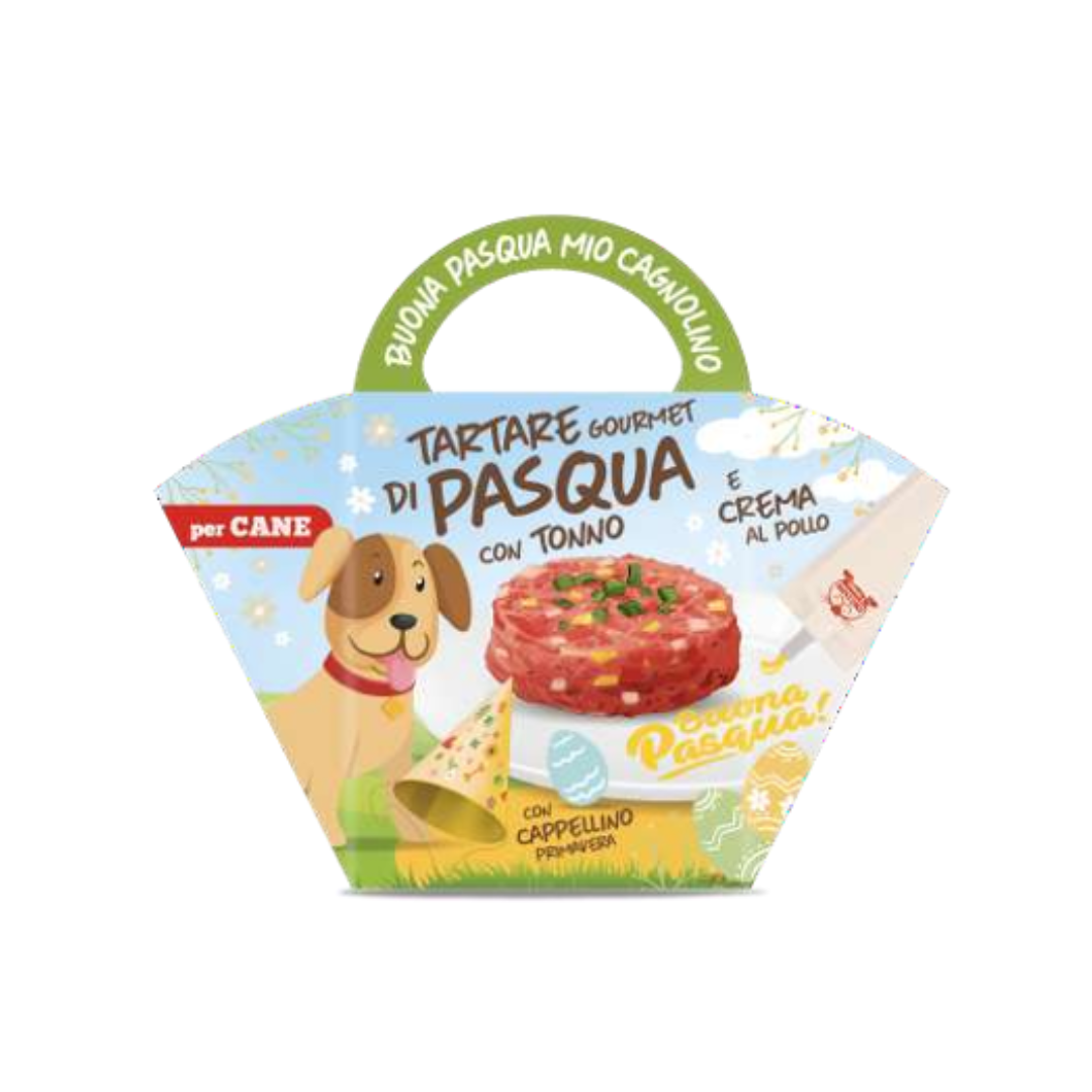 tartare pasqua cane, snack gourmet cane tonno pollo, regalo pasqua cane premium, dolce pasquale cane, snack cane, pasqua cane
