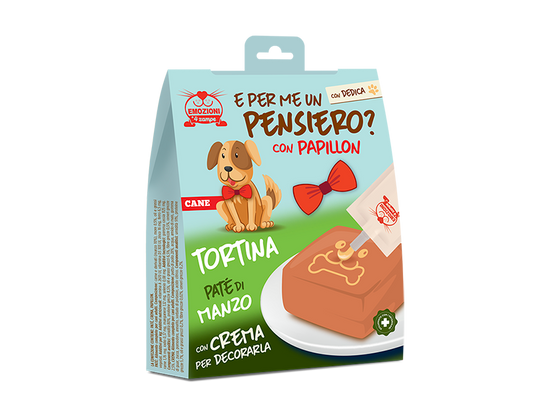 tortina compleanno cane, torta cane, torta per cane, torta per cani, tortina snack paté manzo per cani, tortina compleanno cane paté, torta per cani regalo, snack manzo cialda papillon cane, Emozioni a 4 Zampe tortina cane