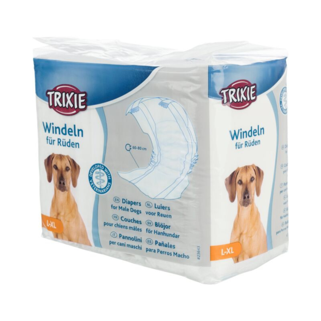 pannolini a fascia per cani maschi Trixie, pannolino cane maschio incontinenza, pannolini igienici per cani anziani, pannolino post-operatorio cane maschio, pannolini monouso per cani sterilizzati o in viaggio, Trixie pannolino cane extra assorbente