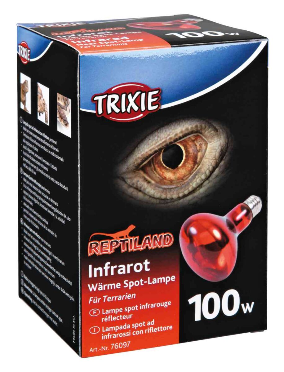 lampada spot infrarossi rettili 100W, lampada riscaldante terrario Trixie 100 watt, infrarossi con riflettore per tartarughe, lampada basking rettili UV-A/IR, lampada riscaldante permanete per rettili, lampada neodimio Trixie rettili infrarossi, riflettore NR80 lampada per terrario