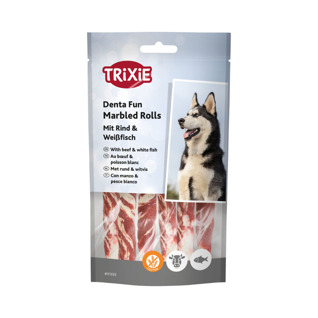 trixie denta fun marbled rolls, snack dentale cane manzo pesce, stick dentali cane trixie, snack masticabile igiene orale cane, denta fun snack cane