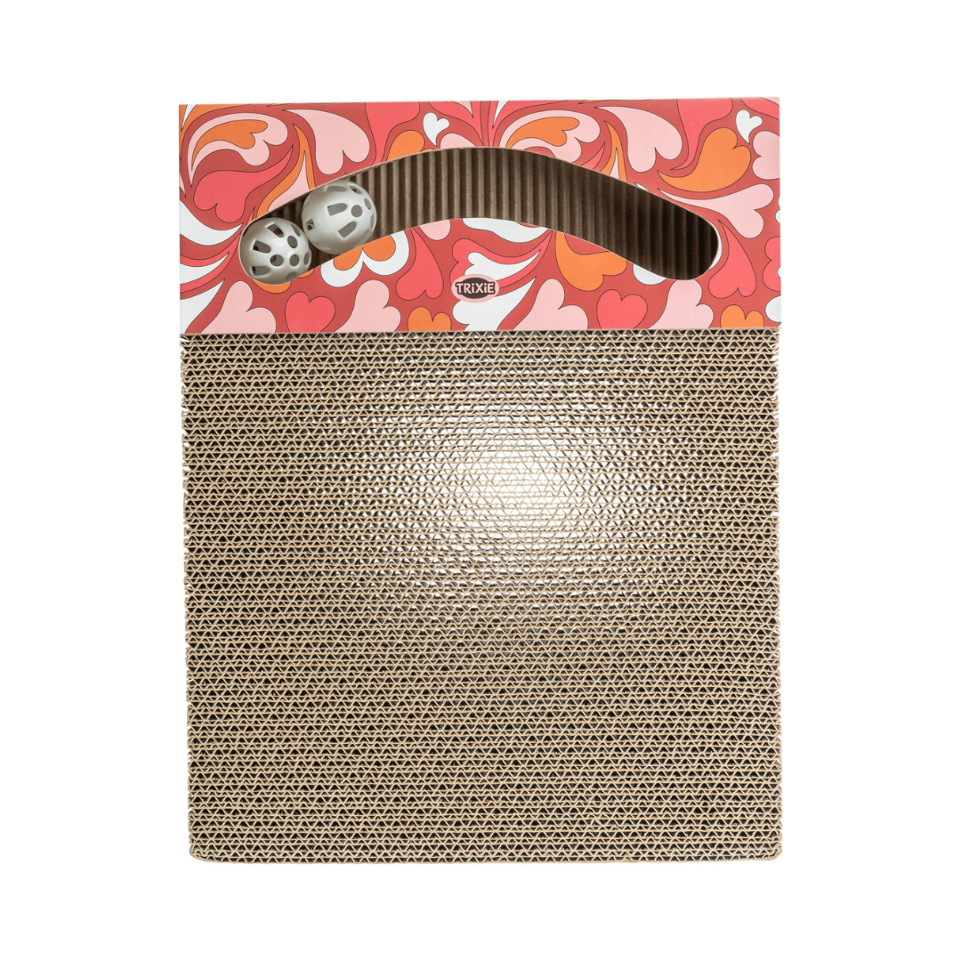 tiragraffi gatto cartone, tiragraffi con erba gatta, gioco gatto con palline, tiragraffi Trixie, regalo gatto San Valentino, accessori gatto tiragraffi