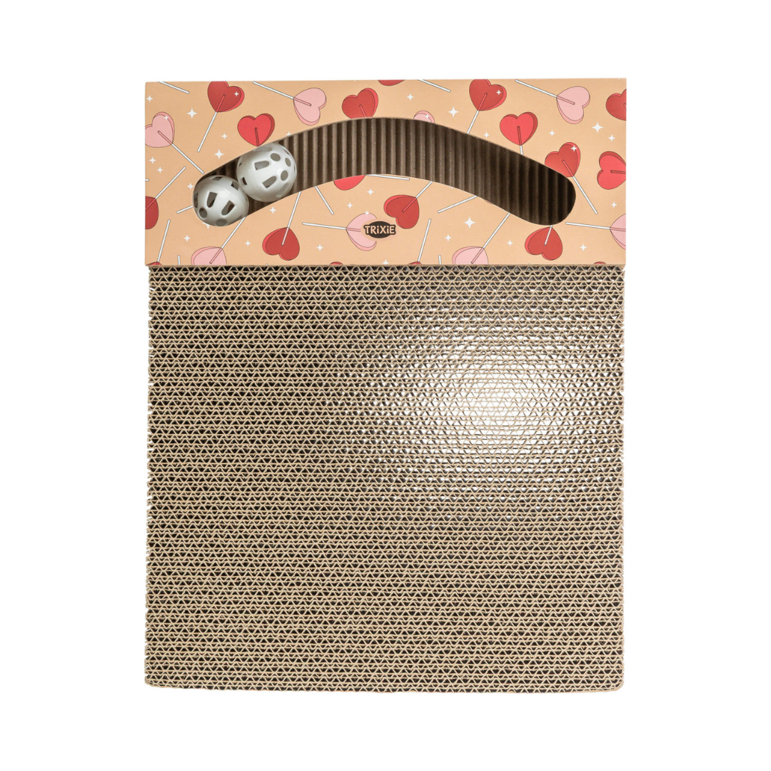 tiragraffi gatto cartone, tiragraffi con erba gatta, gioco gatto con palline, tiragraffi Trixie, regalo gatto San Valentino, accessori gatto tiragraffi