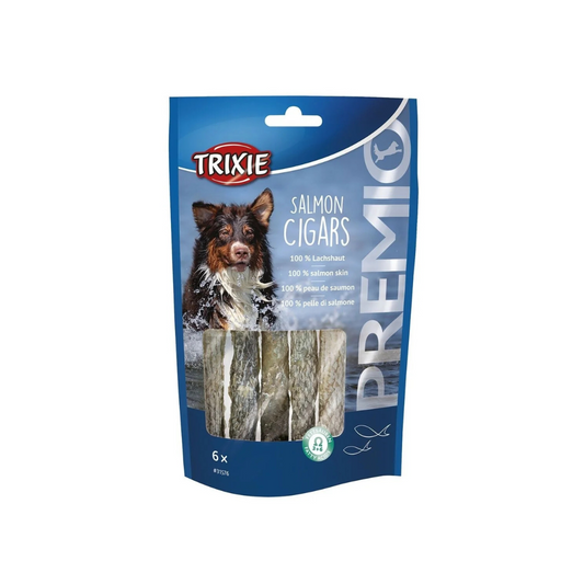 Snack per cani al salmone, snack naturali per cani, Trixie PREMIO Salmon Cigars, bastoncini di salmone per cani, snack per l'igiene orale del cane, snack ricchi di Omega-3 per cani, snack senza glutine per cani, snack ad alto contenuto proteico per cani