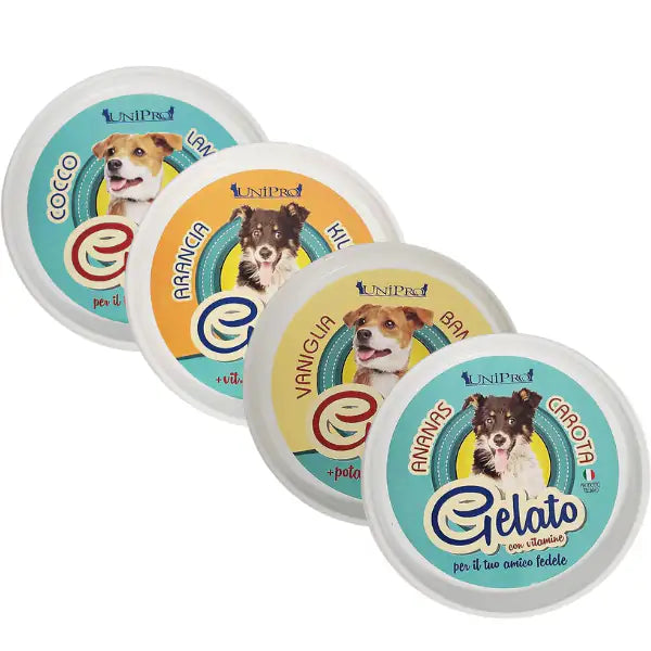 gelato per cani, snack estivo cane, alimento complementare cane, gelato rinfrescante per cani, Unipro Gelato cane, merenda fresca cane, snack naturale cane, gelato fatto in Italia per cani, gelato alla frutta per cani, premio estivo per cani