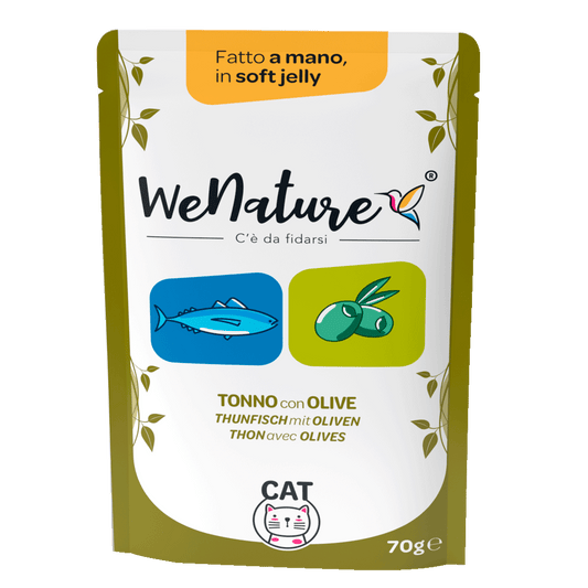 We Nature bustine gelatina gatto adulto 70g, We Nature umido naturale fatto a mano, umido gelatina cotto al vapore gatto, senza conservanti umido gatto WeNature, cibo complementare naturale gatto We Nature, topper umido in gelatina per gatto