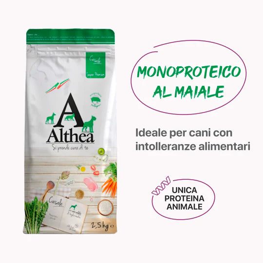 crocchette monoproteiche cane al maiale, crocchette ipoallergeniche cane, crocchette maiale cane Puglia, alimento completo cane sensibile, crocchette con omega 3 e 6 cane, crocchette naturali cane intollerante, Althea Super Premium Casale