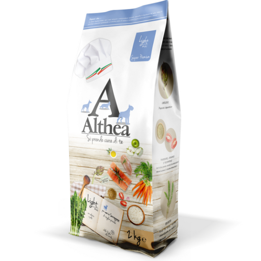 crocchette light per cani, alimento leggero cani in sovrappeso, Althea Light, crocchette con salmone e riso light, crocchette con omega 3 per cani, dieta light made in Puglia