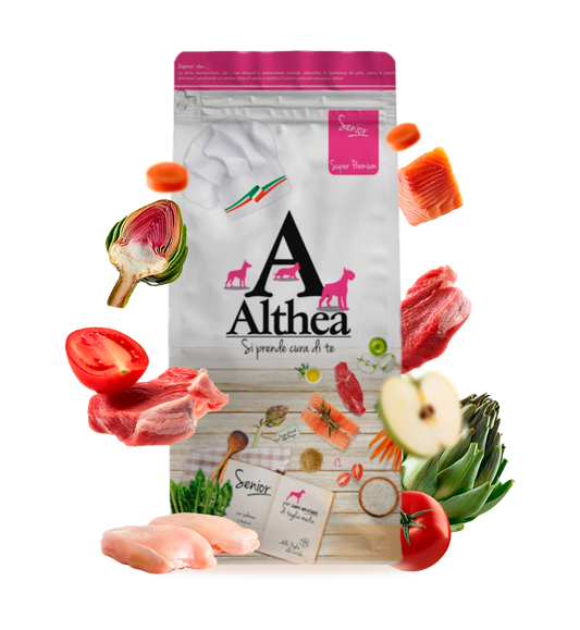 crocchette senior cane anziano, cibo cane anziano con glucosamina, crocchette per articolazioni cane anziano, alimento per cani anziani made in Puglia, crocchette con condroitina e glucosamina cane, crocchette con omega 3 e 6, Althea Super Premium Senior