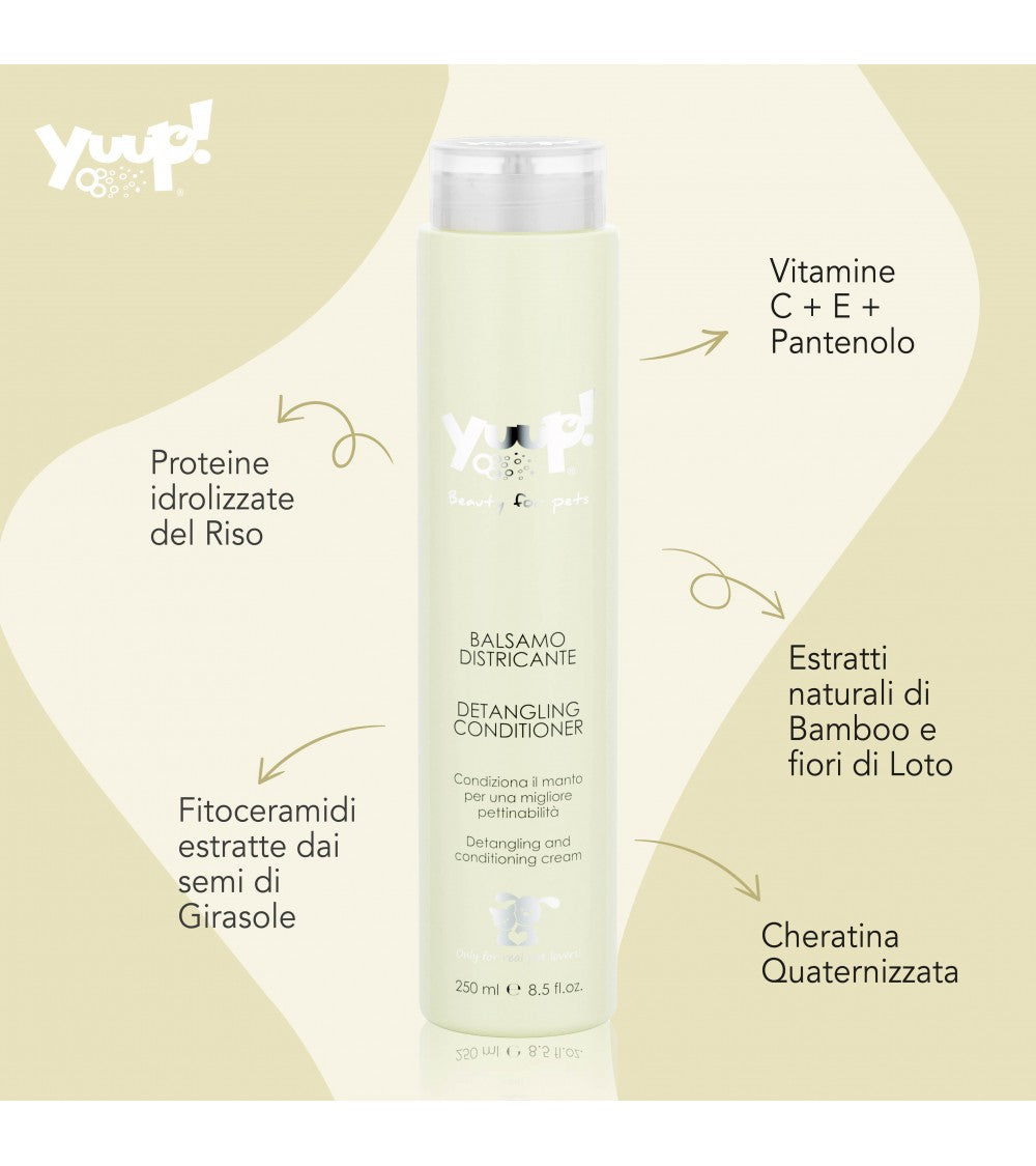 balsamo e shampoo, balsamo yuup, shampoo yuup, balsamo districante cane gatto, balsamo Yuup districante, balsamo pelo annodato cane, balsamo ristrutturante cane, balsamo con proteine riso cane, balsamo con fitoceramidi cane, balsamo lucidante pelo cane, balsamo cane 250 ml, trattamento districante animali