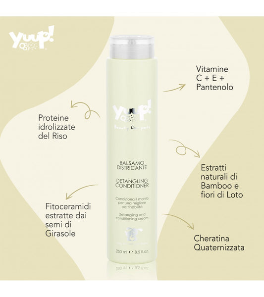 balsamo e shampoo, balsamo yuup, shampoo yuup, balsamo districante cane gatto, balsamo Yuup districante, balsamo pelo annodato cane, balsamo ristrutturante cane, balsamo con proteine riso cane, balsamo con fitoceramidi cane, balsamo lucidante pelo cane, balsamo cane 250 ml, trattamento districante animali