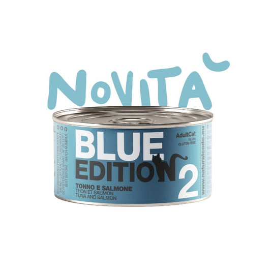 umido grain free gatti, Natural Code Blue Limited Edition, tonno aragosta gatto umido, umido gatti dolphin safe, umido senza glutine 85 g, cibo umido naturale per gatti, ricetta gourmet gatto tonno salmone, edizione limitata umido per gatti, tonno e granchio