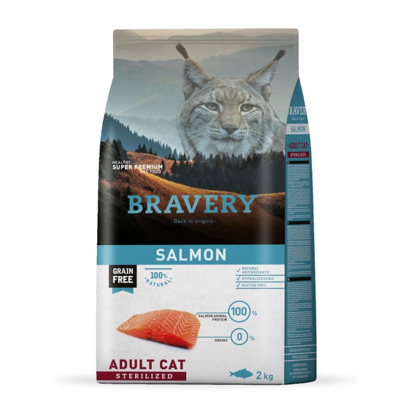 Bravery - Crocchette con Salmone per Gatti Sterilizzati Ipoallergeniche e Senza Cerali Grain Free Sterilised 2 Kg