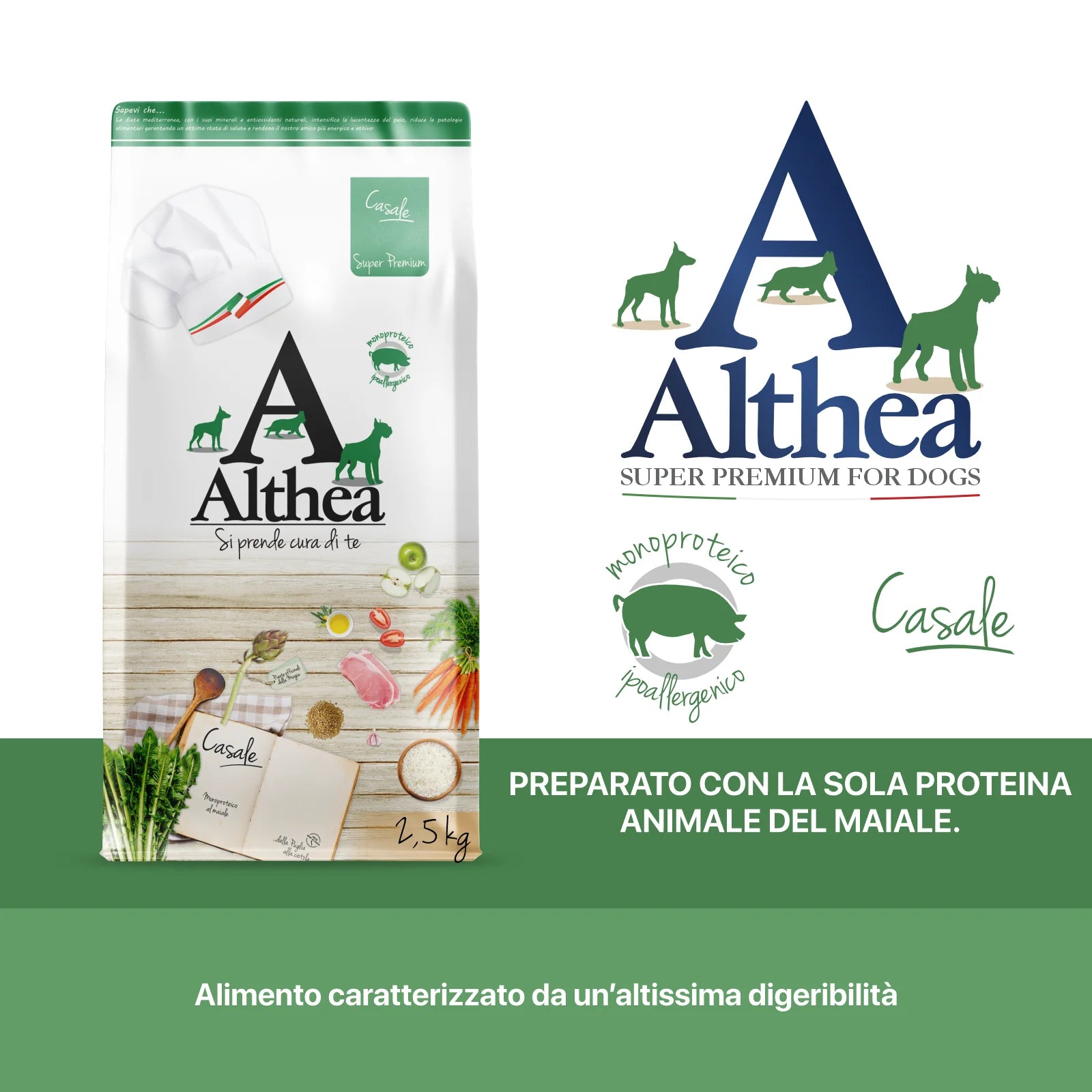 crocchette monoproteiche cane al maiale, crocchette ipoallergeniche cane, crocchette maiale cane Puglia, alimento completo cane sensibile, crocchette con omega 3 e 6 cane, crocchette naturali cane intollerante, Althea Super Premium Casale