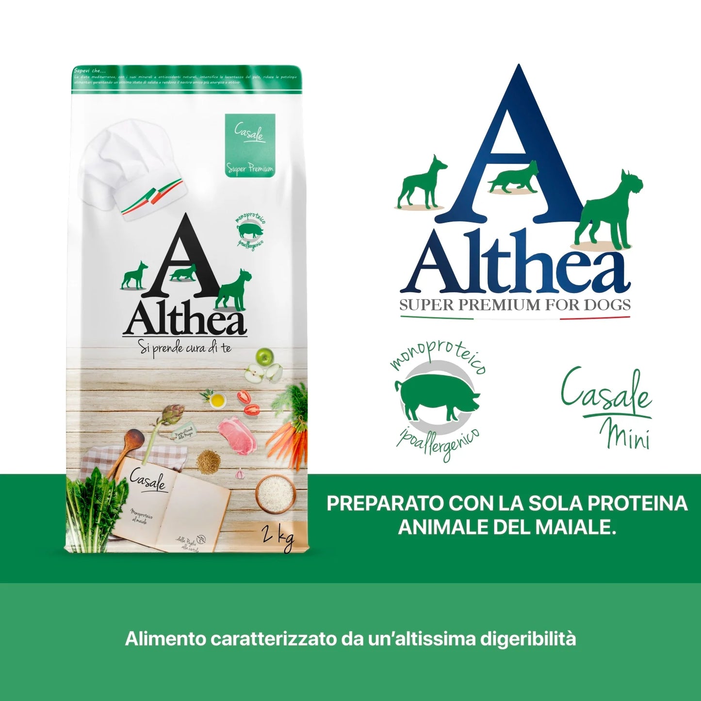 crocchette monoproteiche cane, crocchette monoproteiche al maiale, crocchette ipoallergeniche cane, alimento ipoallergenico cani, crocchette con omega 3 e omega 6, crocchette naturali made in Puglia, althea casale crocchette, crocchette per cani con intolleranze