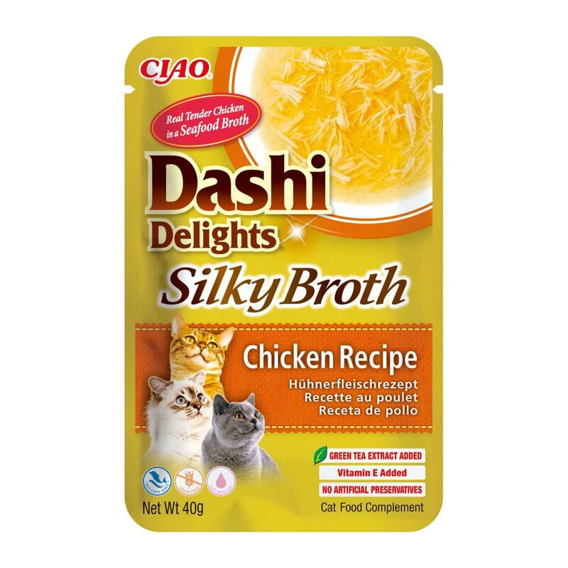 dashi delights gatto, silky broth, brodo dashi gatto pollo salmone, umido gatto umami 40g, snack liquido gatto idratazione, topping gatto brodo dashi, inaba ciao