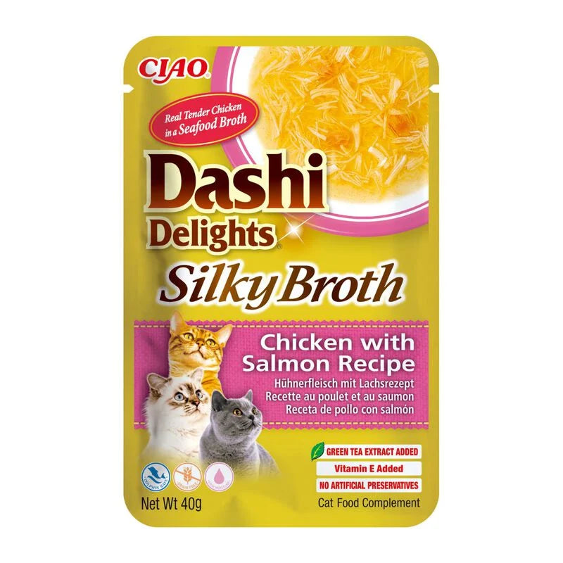 dashi delights gatto, silky broth, brodo dashi gatto pollo salmone, umido gatto umami 40g, snack liquido gatto idratazione, topping gatto brodo dashi, inaba ciao