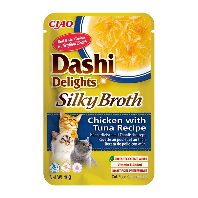 dashi delights gatto, silky broth, brodo dashi gatto pollo salmone, umido gatto umami 40g, snack liquido gatto idratazione, topping gatto brodo dashi, inaba ciao