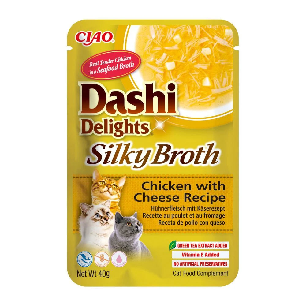 dashi delights gatto, silky broth, brodo dashi gatto pollo salmone, umido gatto umami 40g, snack liquido gatto idratazione, topping gatto brodo dashi, inaba ciao