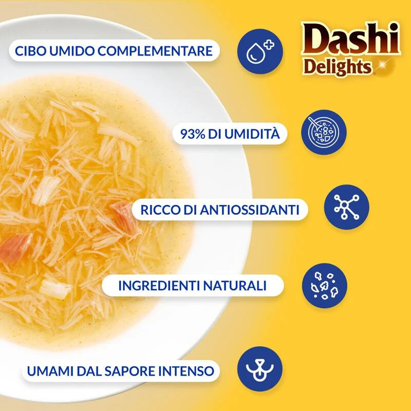 dashi delights gatto, silky broth, brodo dashi gatto pollo salmone, umido gatto umami 40g, snack liquido gatto idratazione, topping gatto brodo dashi, inaba ciao