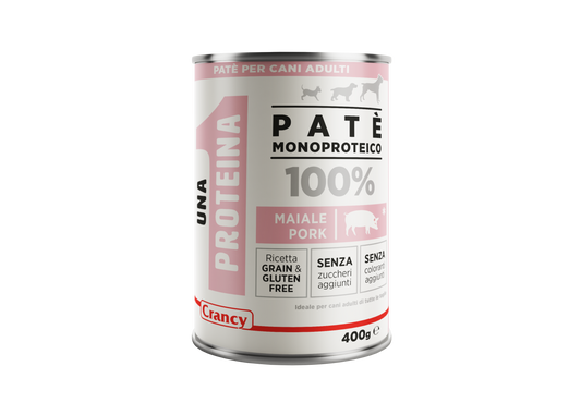 patè monoproteico cane, umido monoproteico cane, Crancy 1 Proteina umido cane, umido grain free cane maiale, cibo completo cane sensibile, alimentazione cane senza cereali