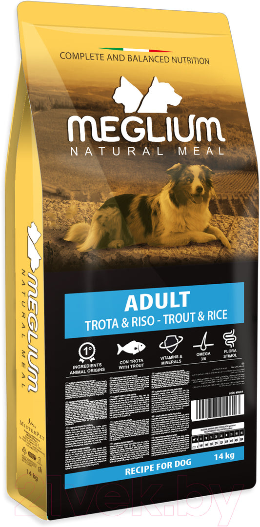 Meglium - Crocchette con Trota e Riso Super Premium per Cani Adulti Natural Meal Medium 14 Kg