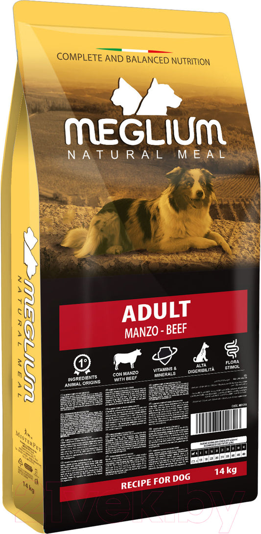 Meglium - Crocchette con Manzo Super Premium per Cani Adulti Natural Meal Medium 14 Kg