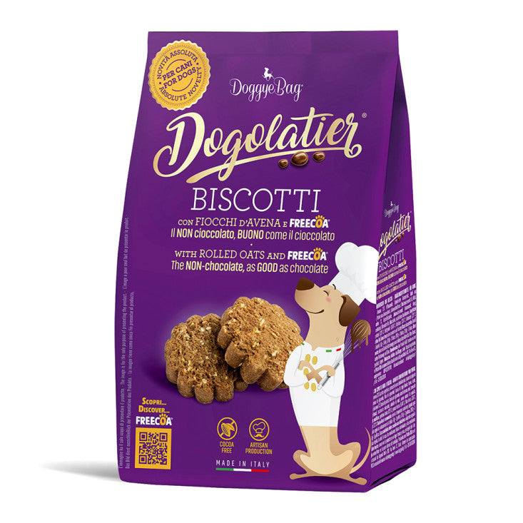 snack cane, biscotti cane, biscotto cane, biscotti per cani artigianali, snack cane senza cacao, alternativa cioccolato cane, Doggye Bag Dogolatier, snack premium cane, biscotti cane made in Italy, dolcetti sicuri per cani, snack cane regalo, biscotti gourmet per cani, freecoa cane.