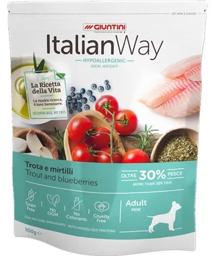 ItalianWay - Crocchette Ipoallergeniche con Trota e Mirtilli per Cani Adulti in Sovrappeso di Piccola Taglia Senza Cereali Grain Free Light