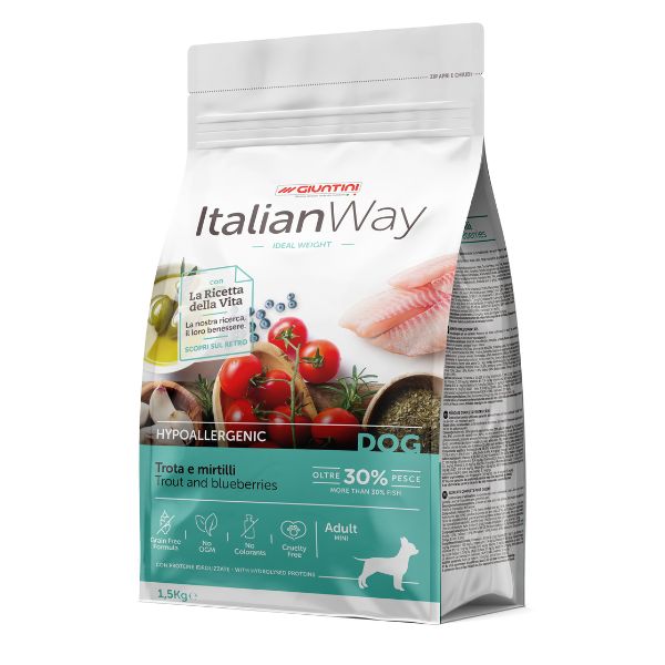 ItalianWay - Crocchette Ipoallergeniche con Trota e Mirtilli per Cani Adulti in Sovrappeso di Piccola Taglia Senza Cereali Grain Free Light