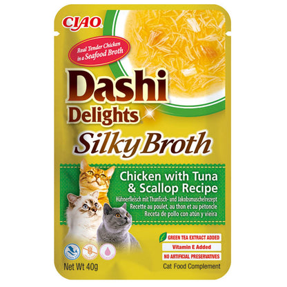 dashi delights gatto, silky broth, brodo dashi gatto pollo salmone, umido gatto umami 40g, snack liquido gatto idratazione, topping gatto brodo dashi, inaba ciao