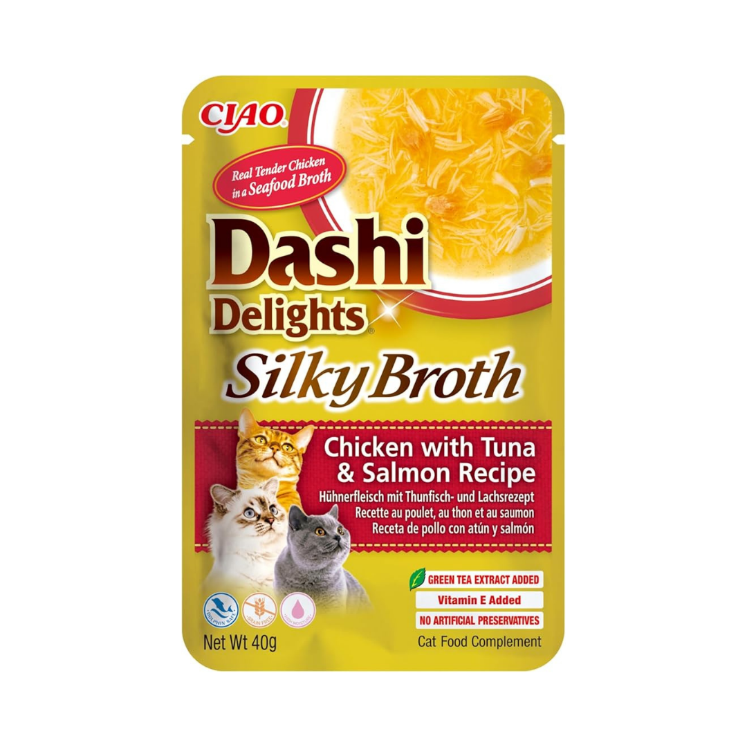 dashi delights gatto, silky broth, brodo dashi gatto pollo salmone, umido gatto umami 40g, snack liquido gatto idratazione, topping gatto brodo dashi, inaba ciao