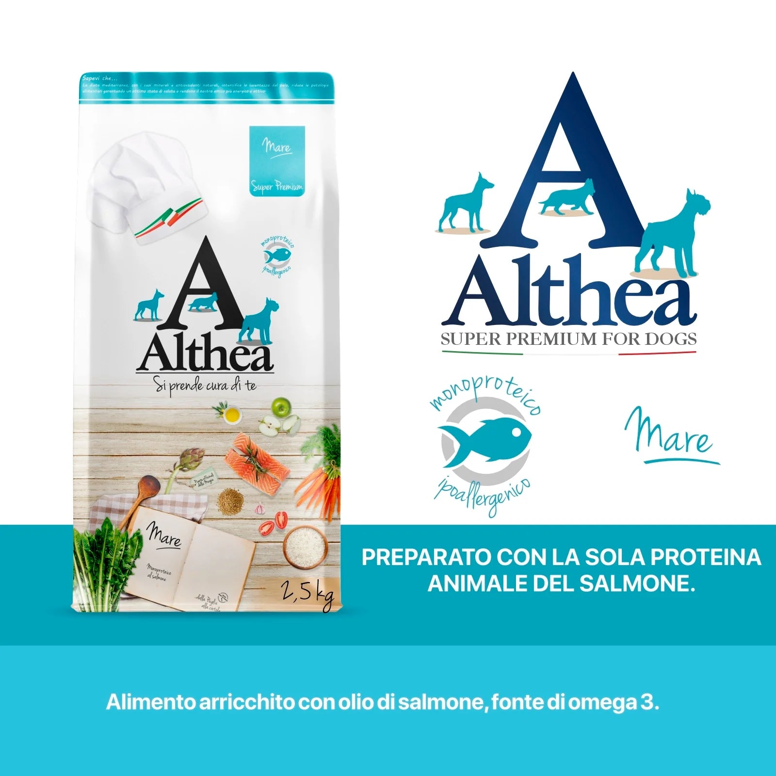 Crocchette monoproteiche cane salmone, Alimento ipoallergenico cane, Crocchette con omega 3 e 6, Cibo secco cane naturale, Made in Puglia crocchette, Althea Mare monoproteico