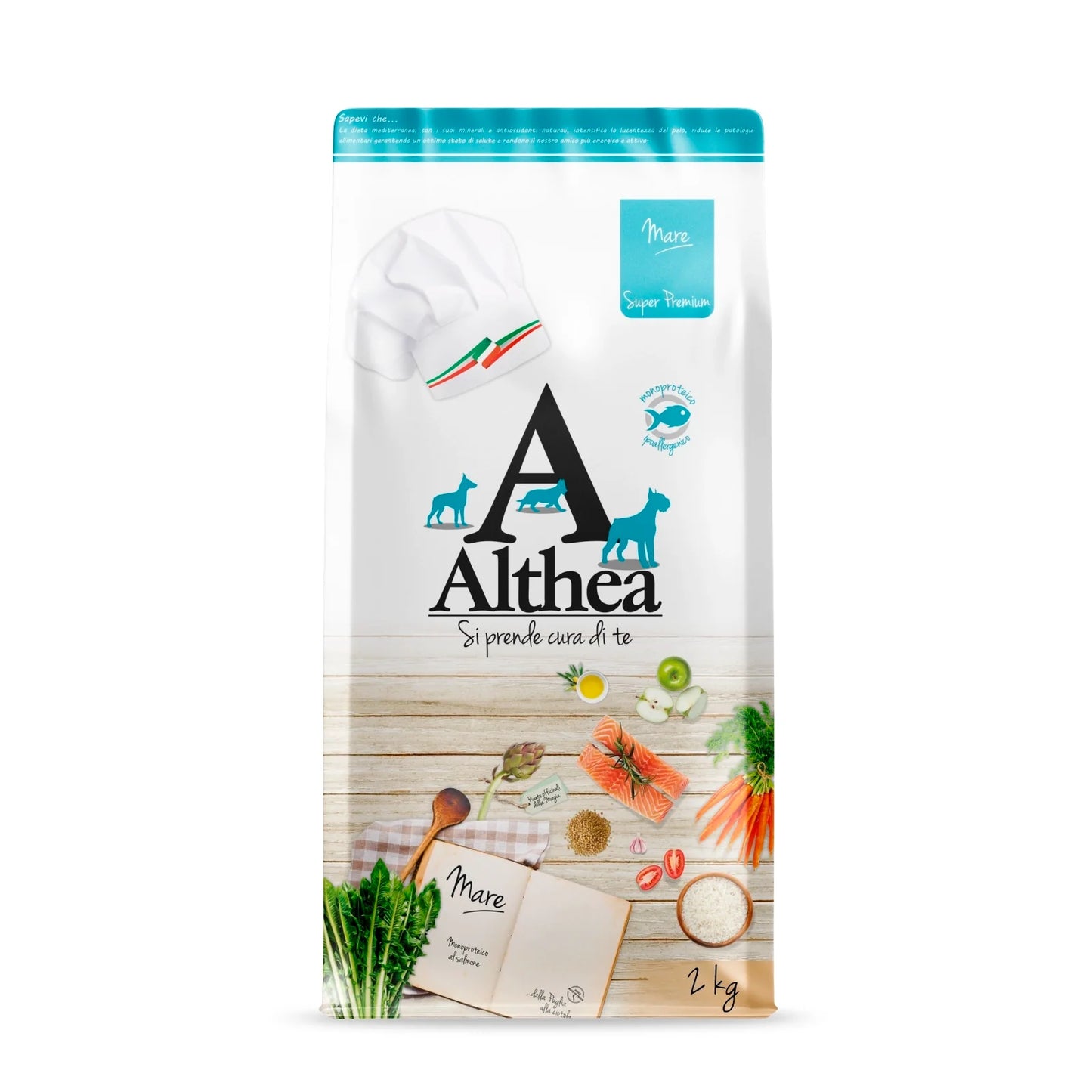 crocchette monoproteiche cane, crocchette al salmone cane, cibo ipoallergenico per cani, crocchette italiane per cani, crocchette per cani intolleranti, alimentazione naturale cane, dieta mediterranea per cani, cibo per cani made in Puglia, Althea Super Premium cane