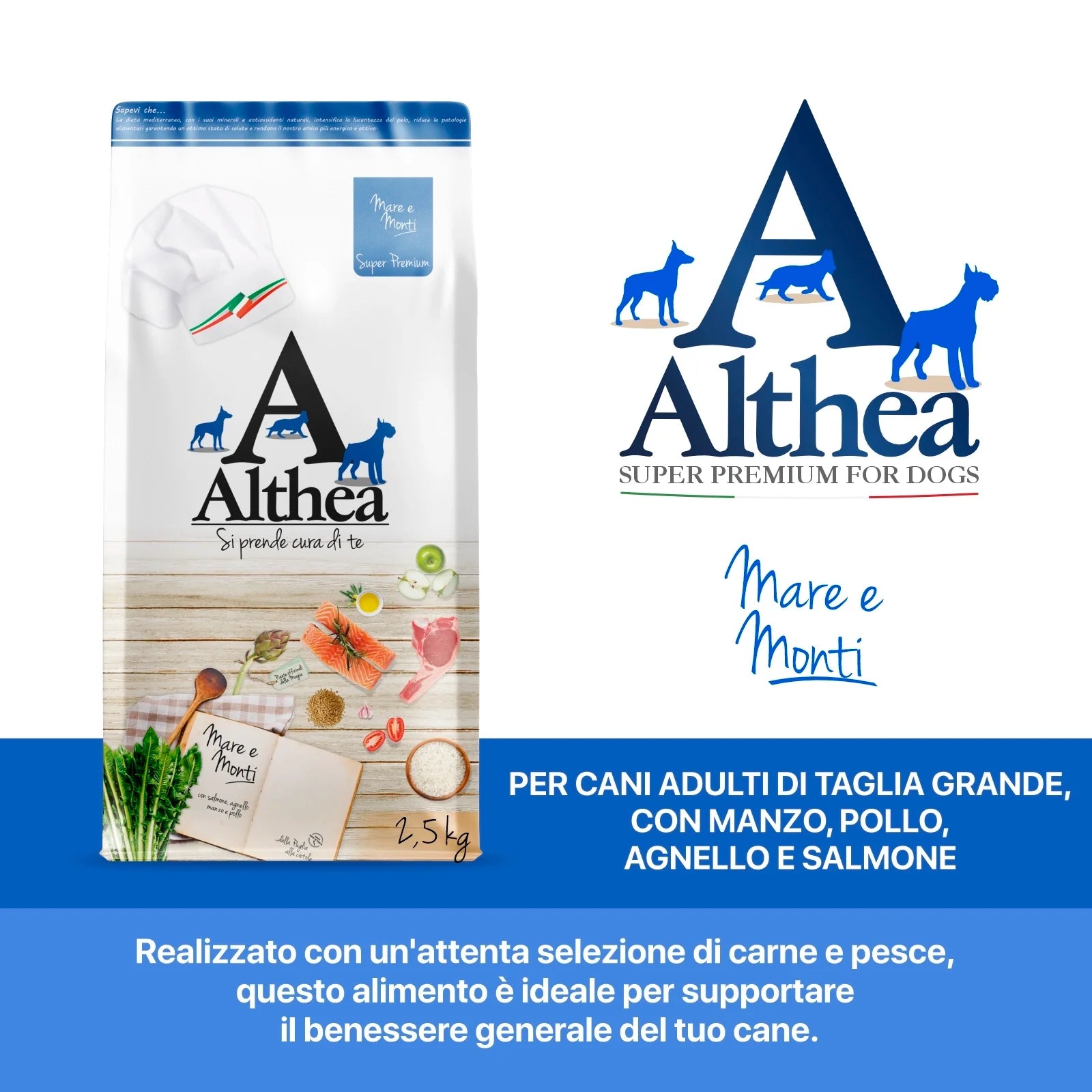 althea crocchette cane, Apporto proteico completo da carne e pesce per muscoli forti, Idoneo a mantenere cute sana e pelo lucido, Supporto digestivo naturale e azione antiossidante, Formula ricca e 100% italiana, senza OGM e conservanti, Ideale per cani attivi e con sensibilità alimentari