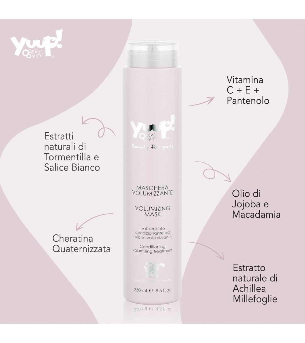 balsamo e shampoo, balsamo yuup, shampoo yuup, balsamo cane volumizzante, maschera pelo cane Yuup, balsamo cane gatto professionale, balsamo pelo riccio cane, balsamo volume pelo cane, balsamo con jojoba macadamia cane, maschera nutriente cane gatto, balsamo cane 250 ml, trattamento volumizzante animali