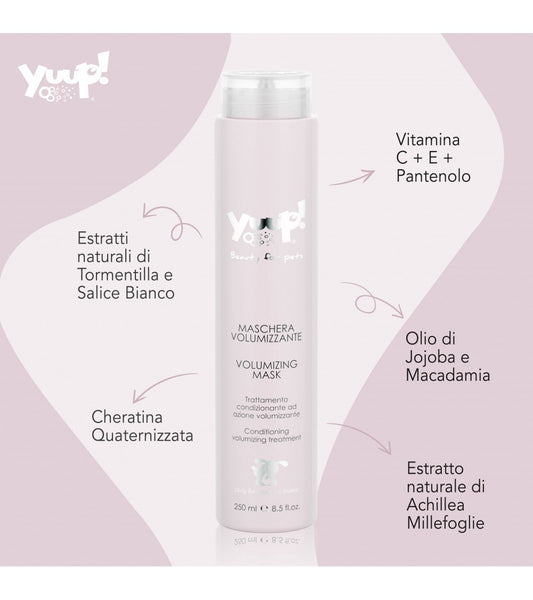 balsamo e shampoo, balsamo yuup, shampoo yuup, balsamo cane volumizzante, maschera pelo cane Yuup, balsamo cane gatto professionale, balsamo pelo riccio cane, balsamo volume pelo cane, balsamo con jojoba macadamia cane, maschera nutriente cane gatto, balsamo cane 250 ml, trattamento volumizzante animali