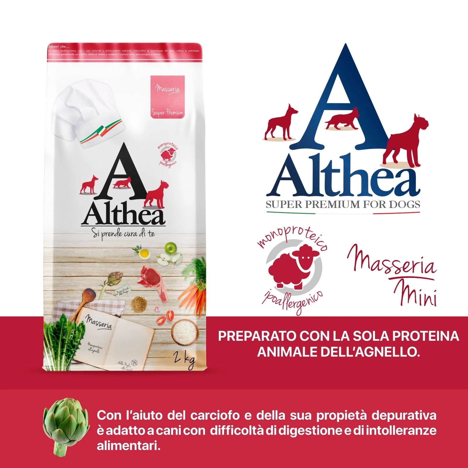 crocchette monoproteiche cane, crocchette ipoallergeniche cane, alimento per cani sensibili all’agnello, cibo secco ipoallergenico per cani, crocchette Althea Super Premium, alimentazione naturale per cani, crocchette italiane per cani adulti, cibo per cani senza allergeni