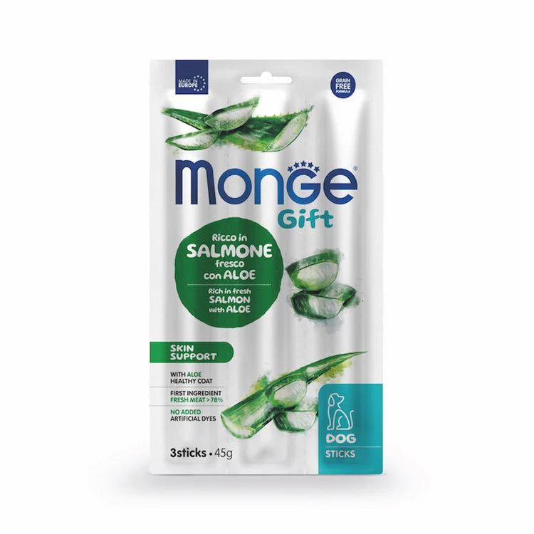 Snack cane, snack addestramento cane, sticks grain free anatra spirulina, snack alta digeribilità cane, premio funzionale taurina spirulina, Monge Gift Sticks training