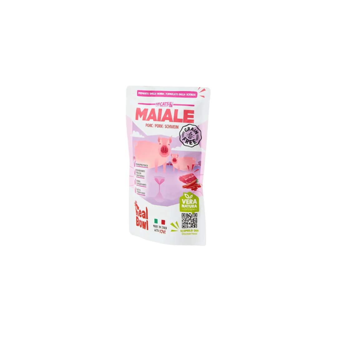 umido gatto monoproteico, Real Bowl gatto 80g, alimento completo gatto, cibo umido gatto alta qualità, umido gatto singola proteina, alimento gatto ingredienti human grade, umido gatto busta 80g, cibo gatto digeribile, alimentazione naturale gatto