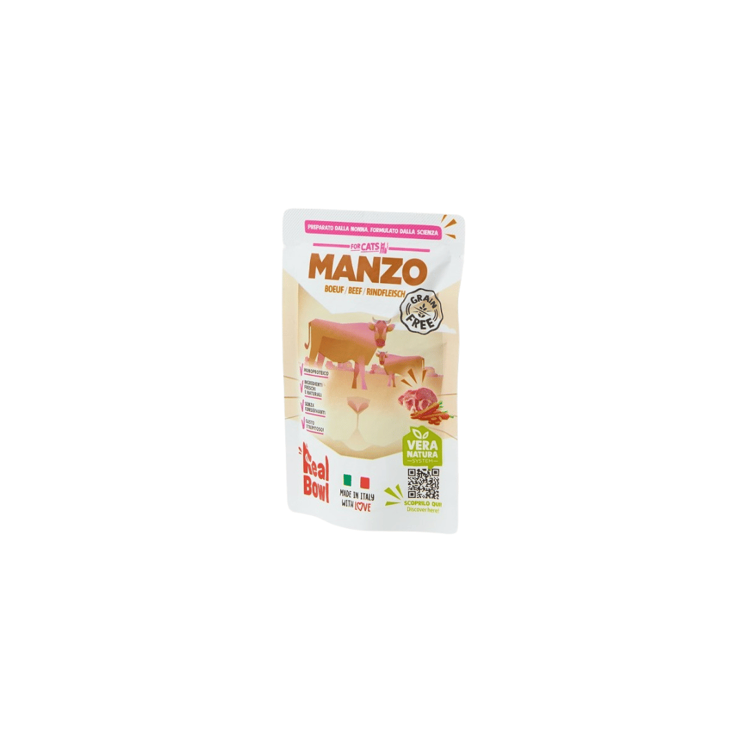 umido gatto monoproteico, Real Bowl gatto 80g, alimento completo gatto, cibo umido gatto alta qualità, umido gatto singola proteina, alimento gatto ingredienti human grade, umido gatto busta 80g, cibo gatto digeribile, alimentazione naturale gatto