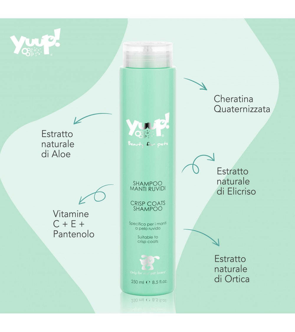 shampoo yuup, shampoo cane, shampoo cane pelo ruvido, shampoo Yuup manto ruvido, shampoo per terrier pelo ruvido, shampoo gatto pelo ruvido, shampoo professionale animali, shampoo con aloe ortica elicriso, shampoo cane texture naturale, shampoo cani 250 ml, shampoo gatto